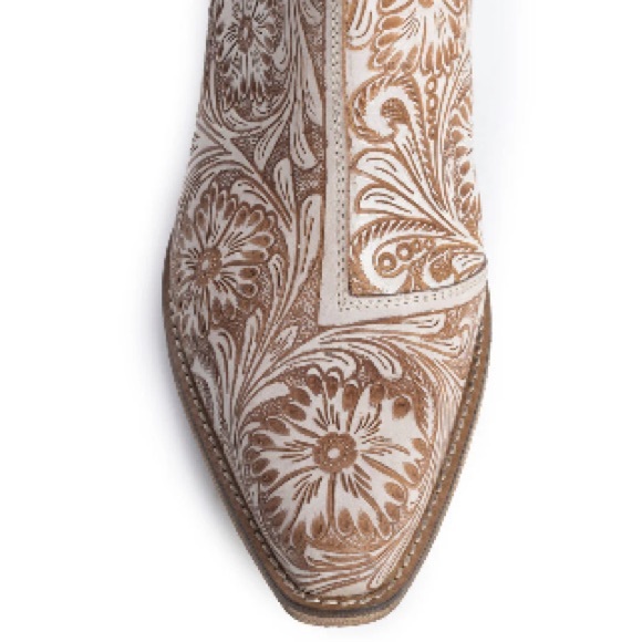 🌸Hand-Tooled Genuine Leather Bootie Boho Western Cowgirl Ankle Boot Cream Fall! - Picture 8 of 12
